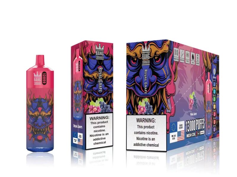 Bang Tornado Royal Grape disposable vape and packaging with vibrant artwork featuring a blue and orange masked face, fruit imagery, and a nicotine warning label indicating the product offers 13,000 puffs with Royal Grape flavor.