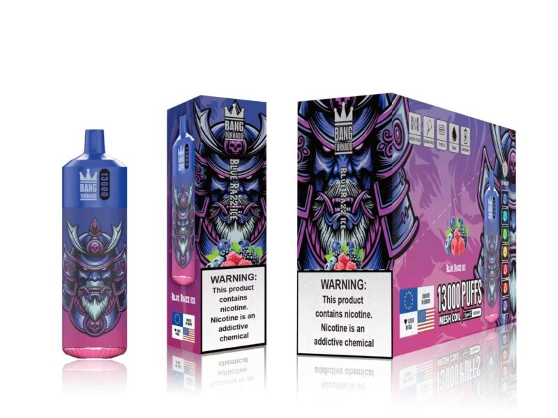 Bang Tornado Blue Razz Ice vape packages, featuring a vibrant design with a samurai helmet art, berries illustration, and a nicotine warning label, offering 13,000 puffs.