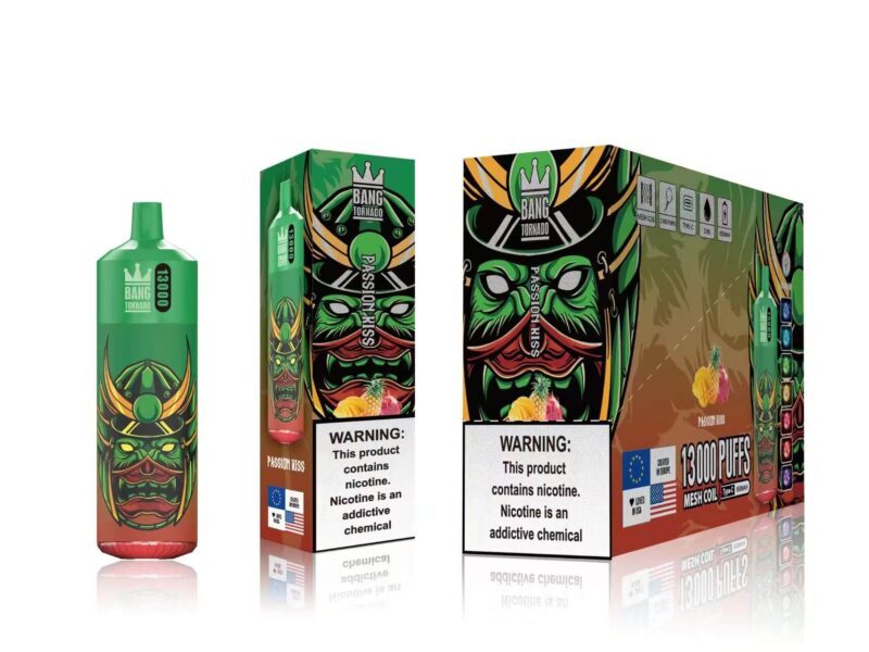 Image of Bang Tornado vape product packaging, featuring vibrant graphics of a stylized green and red face mask on the box and vape device; the flavor is 'Passion Kiss,' and the packaging includes a nicotine warning along with EU and US flags.
