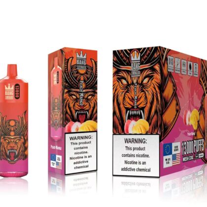 Bang Tornado Peach Mango engångsvape med orange och rosa design med en grym tigeransiktsgrafik; förpackningen innehåller en nikotinvarning och anger 13 000 bloss.