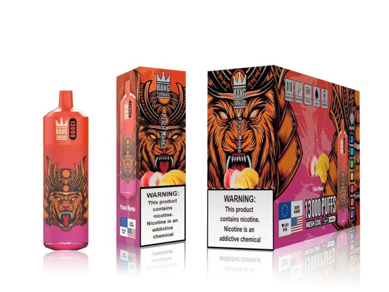 Cigarette électronique jetable Bang Tornado Peach Mango avec un design orange et rose comportant un graphisme de visage de tigre féroce ; l'emballage comprend un avertissement de nicotine et indique 13 000 bouffées.