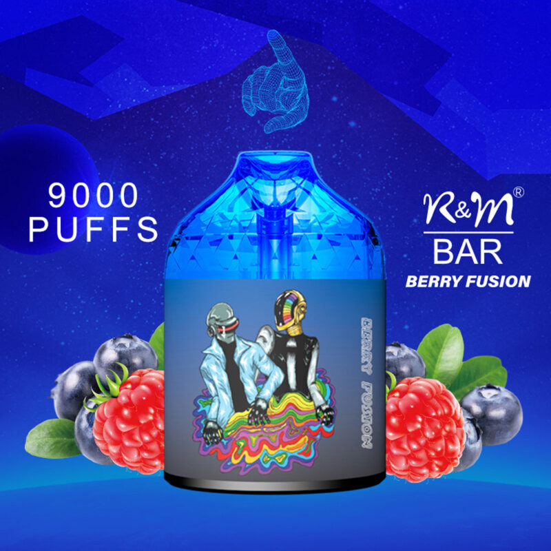 A colorful Berry Fusion vape juice bottle featuring a vibrant illustration of two futuristic, helmeted figures on the label, surrounded by images of blueberries and raspberries, with the text '9000 PUFFS' and 'R&M BAR' alongside.