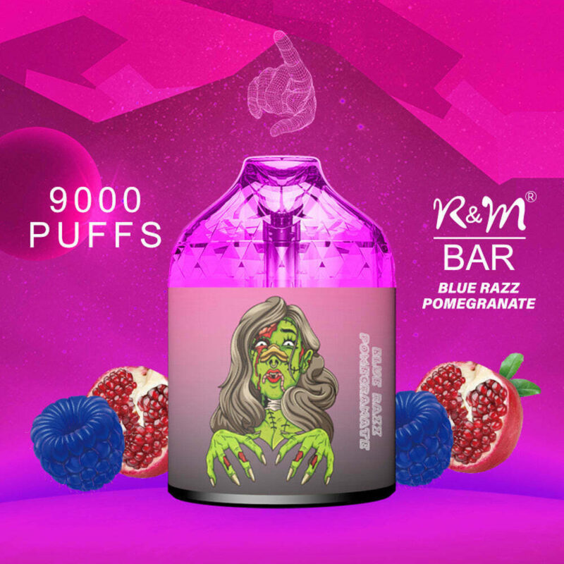 A colorful advertisement for R&M Bar Blue Razz Pomegranate vape featuring a 9000 puffs capacity, showcasing a purple vape device with a green zombie-like illustration, and images of a blue raspberry and a halved pomegranate in a vibrant pink background.