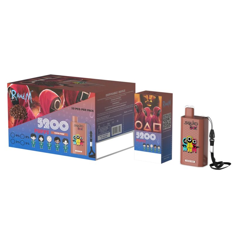 Embalaje de producto para un vaporizador desechable de 5200 bocanadas etiquetado como 'Squid Box', que presenta personajes con atuendos simples con símbolos geométricos y una imagen de granos de café etiquetados con sabor 'Coffin Punk'.