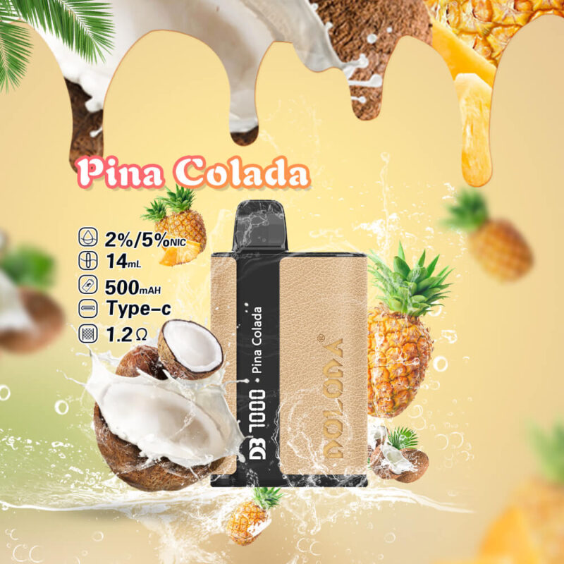 Promotional image showcasing a DOLODA vape with Pina Colada flavor, featuring coconuts and pineapples in the background and specifications including 2%/5% NIC, 14ml, 500mAh, Type-C, and 1.2Ω.