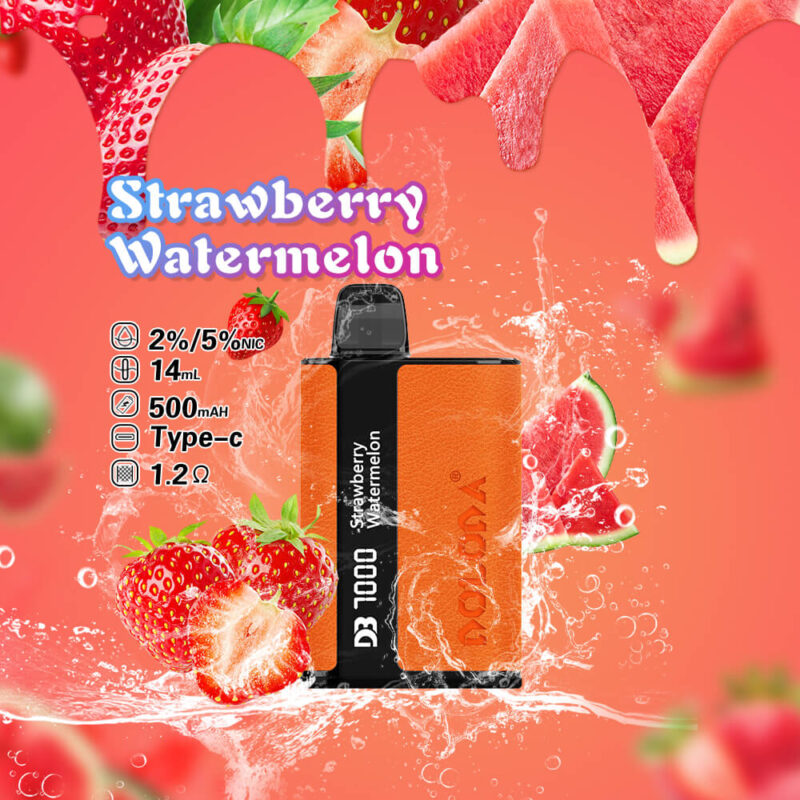 Promotional image of a DODO D3 1000 vape device with Strawberry Watermelon flavor, featuring bright red strawberries and juicy watermelon slices against a splashy, red-pink background, alongside product specifications for nicotine percentage, liquid capacity, battery size, charging type, and resistance value.
