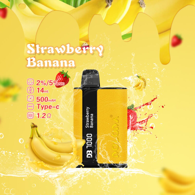 A strawberry banana-flavored vape device with a yellow body labeled 'D3 7000 Strawberry Banana,' set against a background of bananas and strawberries, featuring specifications like 2%/5% nicotine, 14mL capacity, 500mAh battery, Type-C charging, and 1.2 ohm resistance.