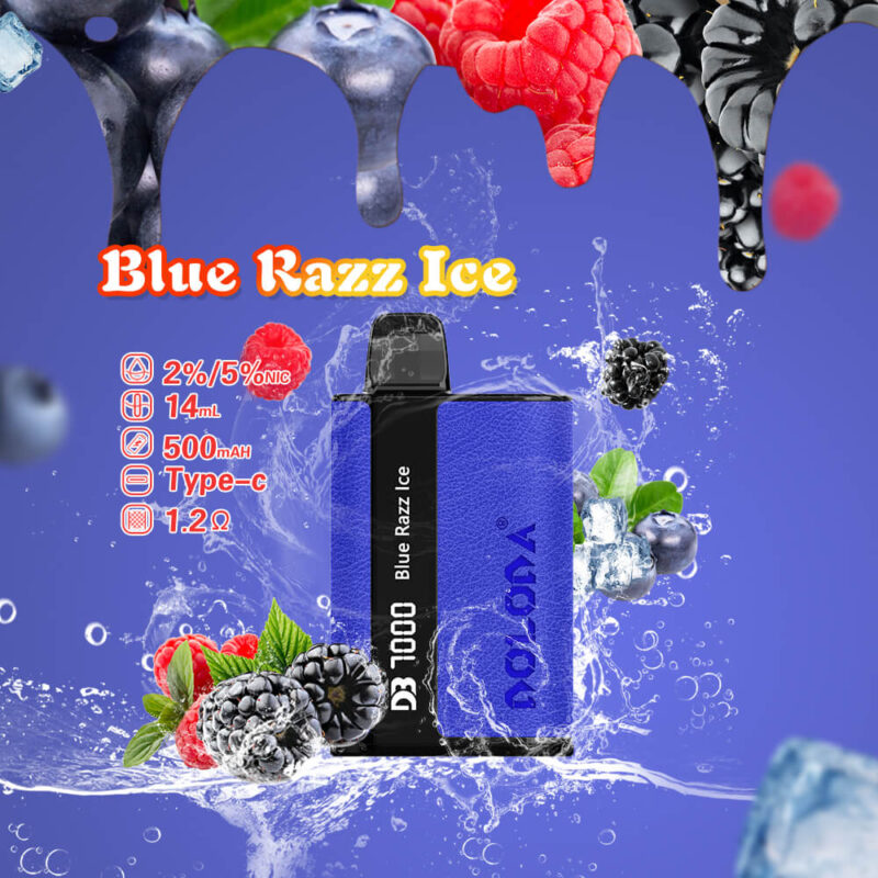 A vape device labeled 'Blue Razz Ice' with details like nicotine content and capacity, surrounded by images of berries and splashes of water, against a blue background.
