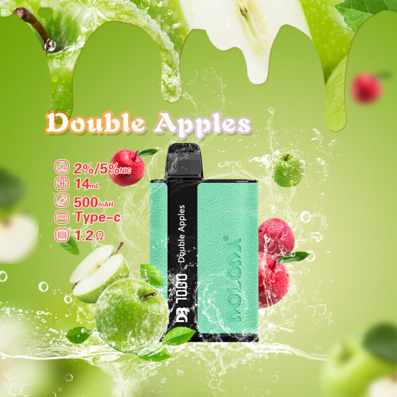 Promotional image for a DOLOMA Double Apples vape device, featuring a teal color with specifications of 2%/5% nicotine, 14 mL capacity, 500mAh battery, Type-C port, and 1.2-ohm resistance, set against a backdrop of green and red apples with liquid splashes.