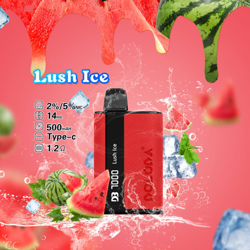 Product advertisement for a Lush Ice flavored disposable vape device, featuring a red and black design, surrounded by imagery of watermelon slices, ice cubes, and mint leaves on a pink background, alongside specs: 2%/5% nicotine, 14mL capacity, 500mAh battery, Type-C charging, and 1.2Ω resistance.