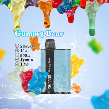 Ein hellblaues Einweg-Vaporizer mit der Aufschrift „Gummy Bear“, umgeben von bunten Gummibärchen. Daneben sind Spezifikationen wie 2%/5% Nikotin, 14 ml Fassungsvermögen, 500 mAh Akku, Aufladen über Typ C und 1,2 Ohm Widerstand abgebildet.