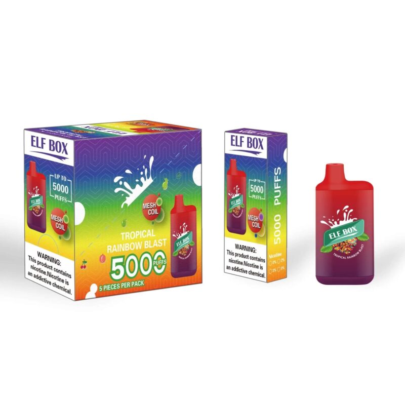 Embalaje para cigarrillo electrónico ELF BOX en sabor Tropical Rainbow Blast, con un diseño colorido de caja y botella que promete 5000 bocanadas, con una etiqueta de advertencia de nicotina.