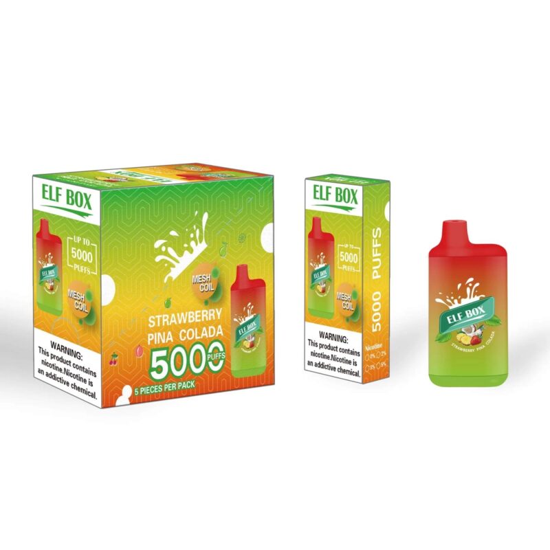 Embalaje y producto del vaporizador ELF BOX Strawberry Pina Colada con 5000 bocanadas, con destacadas etiquetas de advertencia sobre el contenido de nicotina.