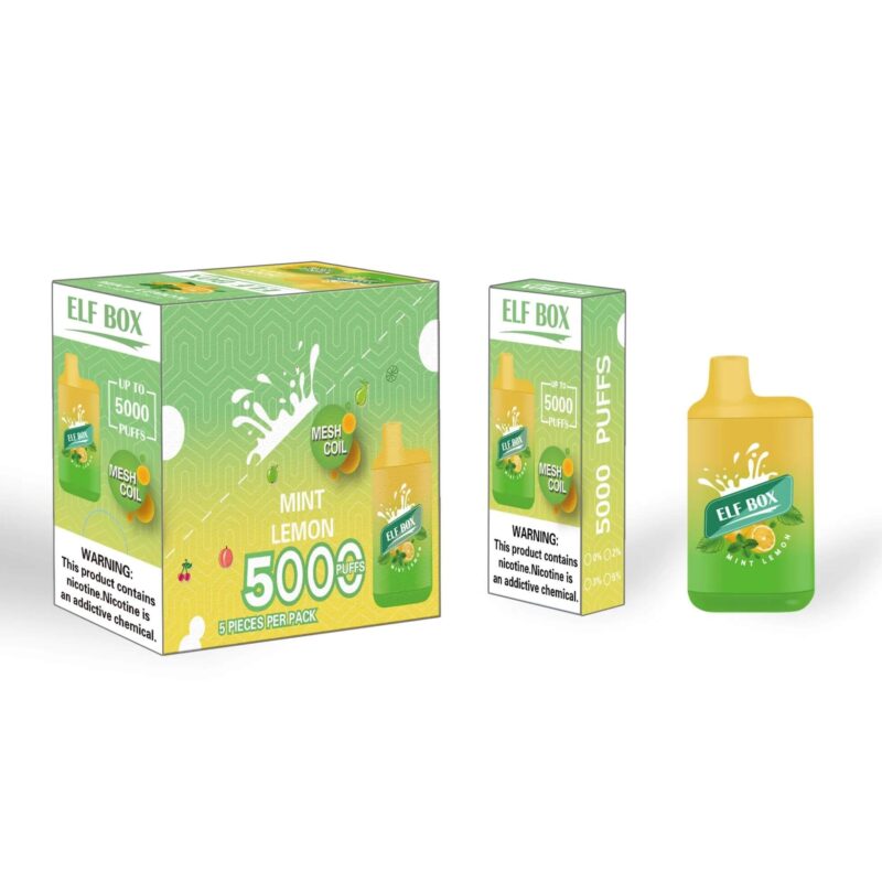 Embalaje y dispositivo de vapeo desechable etiquetado Elf Box, sabor menta y limón, capacidad para 5000 bocanadas, con advertencia de nicotina.