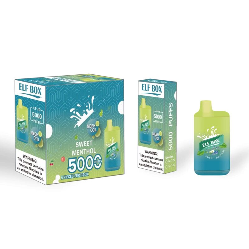 Embalaje para el vaporizador Elf Box Sweet Menthol, que presenta una combinación de colores verde y azul con gráficos de hojas de menta y etiquetas que indican 5000 bocanadas por dispositivo y una advertencia sobre el contenido de nicotina.