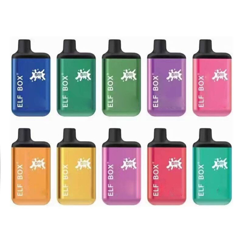 Une collection de dix appareils de vapotage ELF BOX colorés disposés sur deux rangées, chacun comportant un graphisme splash avec le texte « Elf Box 5900 ».