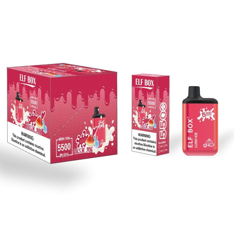 Image of an Elf Box vape product in Lush Ice flavor, featuring a red and pink packaging design with a watermelon and ice illustration, and indicating 5500 puffs; includes a health warning about nicotine content.
