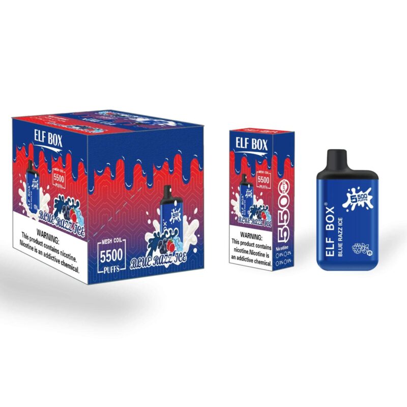 Packaging and product of Elf Box Blue Razz Ice vape featuring a blue and red color scheme with a warning about nicotine addiction, highlighting 5,500 puffs and 5% nicotine strength.