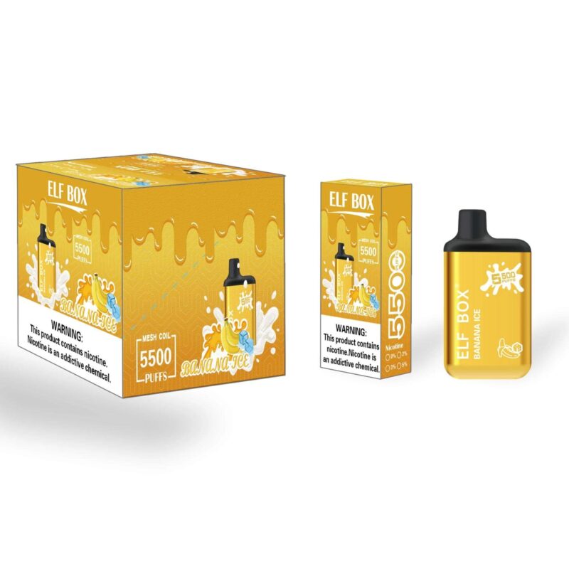 Packaging display for Elf Box Banana Ice vape device, highlighting 5500 puffs and nicotine warning.