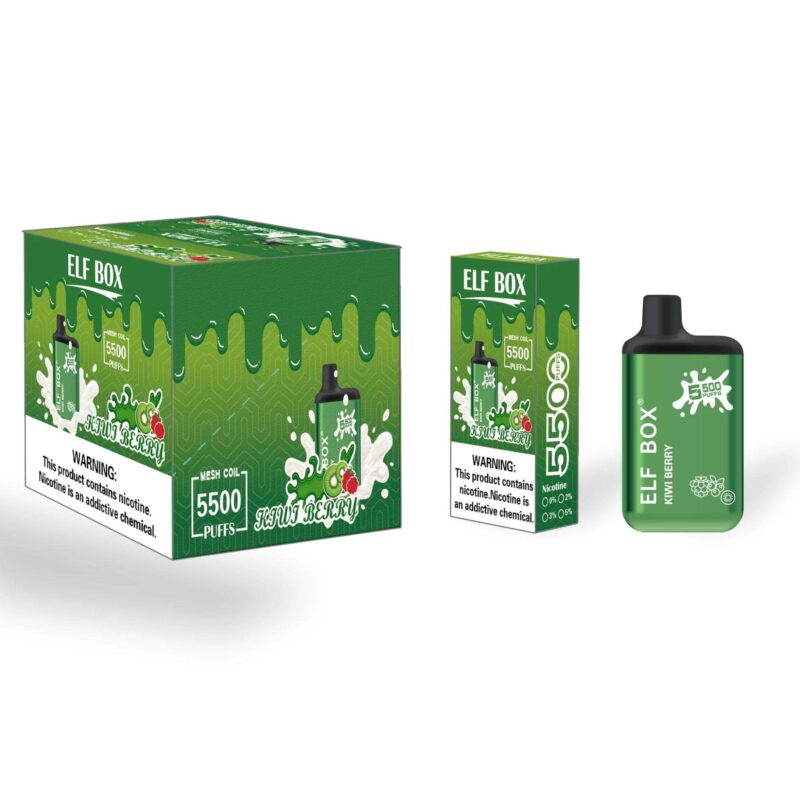 Packaging and product image of an Elf Box Kiwi Berry disposable vape, featuring a green and black device alongside two green boxes, each labeled with '5500 Puffs' and a nicotine warning.