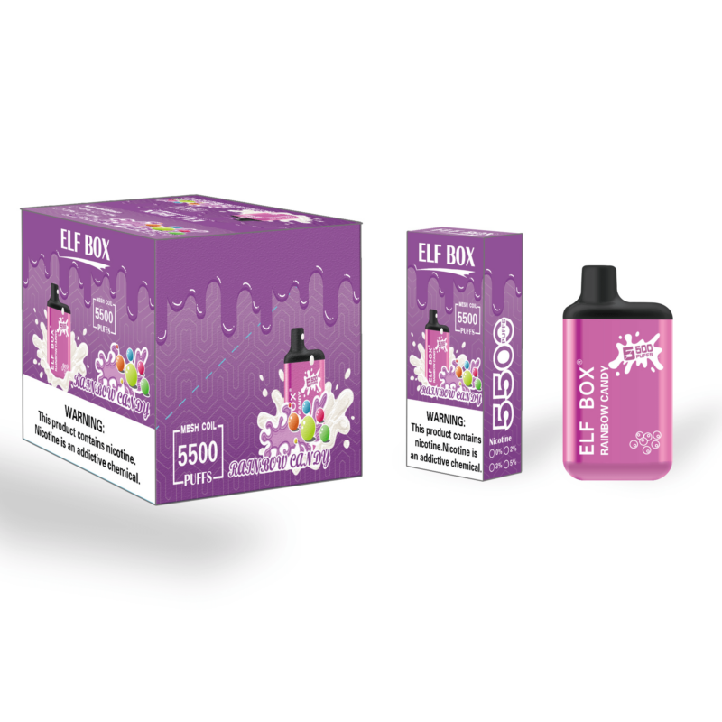Packaging and product image of ELF Box Rainbow Candy disposable vape, showing a pink device with 5500 puffs and a nicotine warning label on the box.