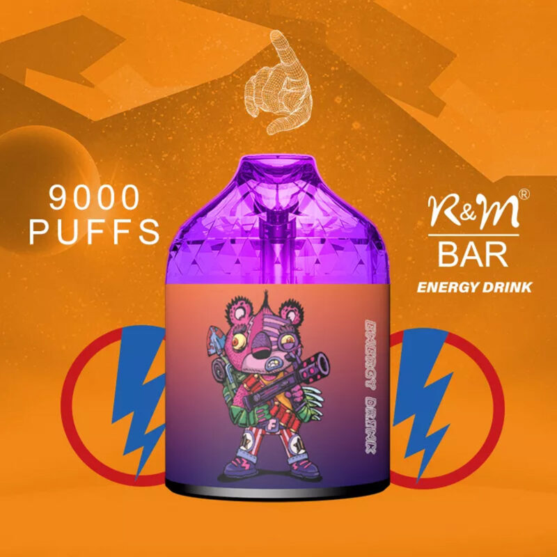 An R&M Bar energy drink vape with a purple top and a colorful cartoon bear design, boasting "9000 puffs" on an orange background with blue, red, and lightning bolt motifs.