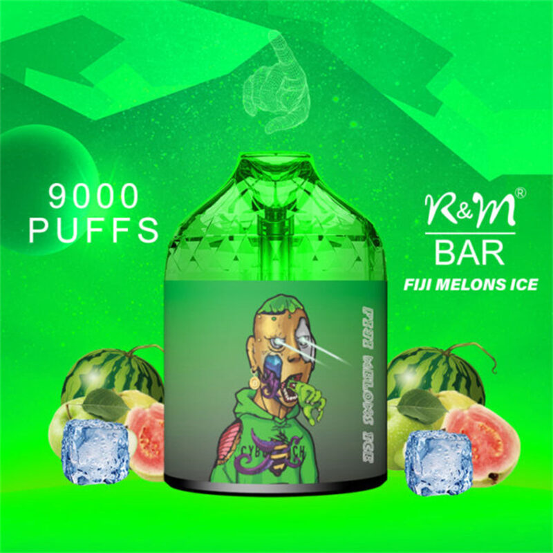 A green-themed advertisement for R&M BAR Fiji Melons Ice vape featuring the text '9000 PUFFS' and illustrations of watermelon, guava, and ice cubes, with a bottle design incorporating stylized artwork.