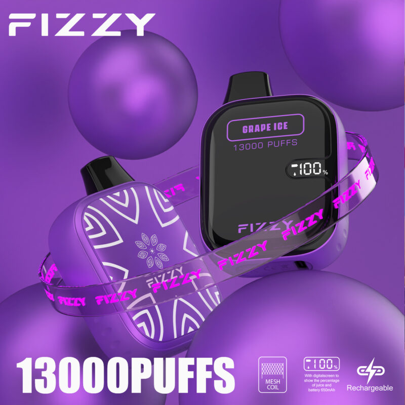 Appareil de vapotage Purple Fizzy étiqueté « Grape Ice » avec un écran numérique affichant « 13000 PUFFS » et « 100% », entouré de sphères violettes et d'un ruban de marque Fizzy.