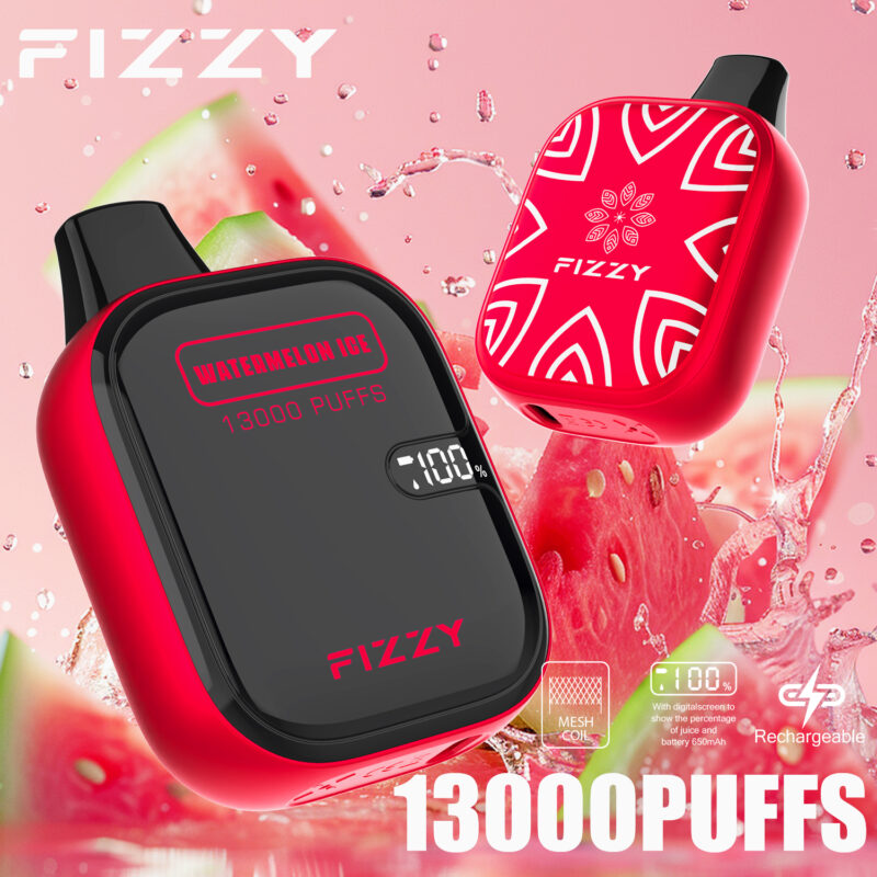 Appareil à vapotage Red Fizzy avec saveur « Watermelon Ice », 13 000 bouffées, un affichage numérique et un fond de pastèque.