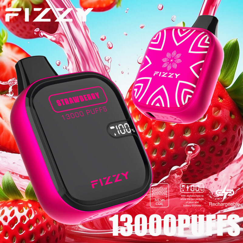 Appareil de vapotage jetable de marque FIZZY au design rose, avec saveur « Fraise », 13 000 bouffées et un affichage numérique indiquant une charge de 100%.