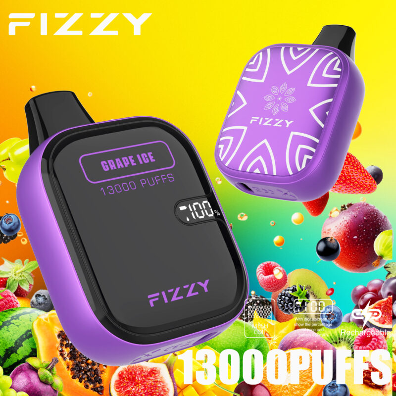 Publicité aux couleurs vives pour un appareil de vapotage Fizzy Grape Ice, mettant en valeur son design violet, son affichage numérique indiquant 13 000 bouffées et son fond fruité mettant l'accent sur les saveurs.