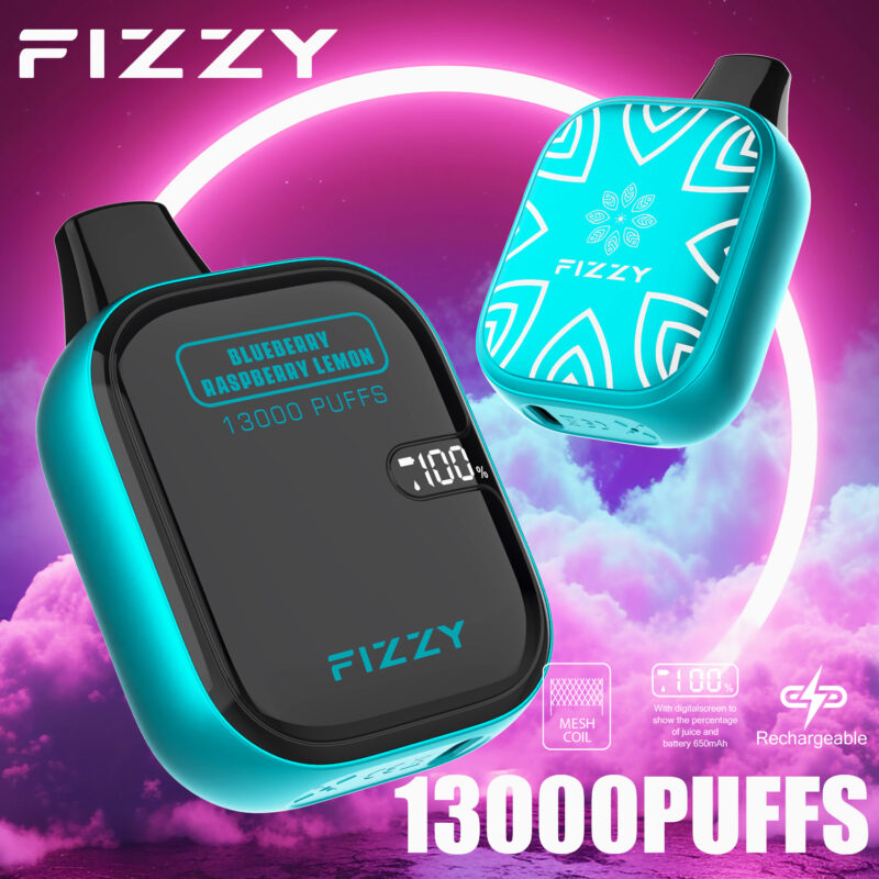 Appareil de vapotage FIZZY affichant la saveur « Myrtille Framboise Citron », « 13 000 BOUFFÉES » et un écran numérique indiquant le pourcentage de batterie sur un fond vibrant.