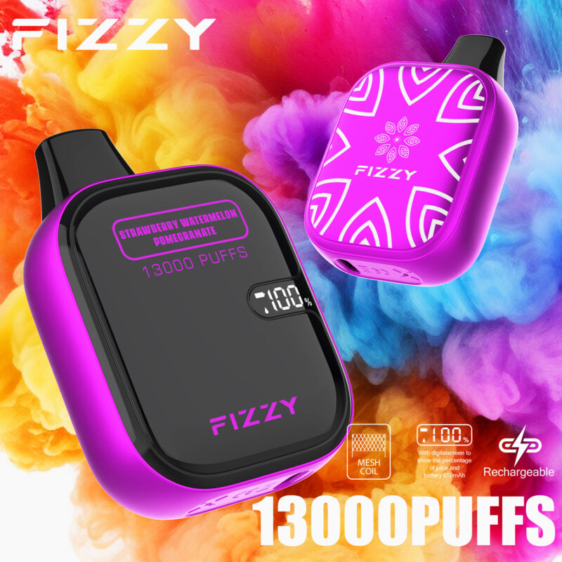 Appareil de vapotage FIZZY avec 13 000 bouffées, rechargeable, affichant la saveur « Fraise Pastèque Grenade » et le pourcentage de batterie sur un fond vibrant.