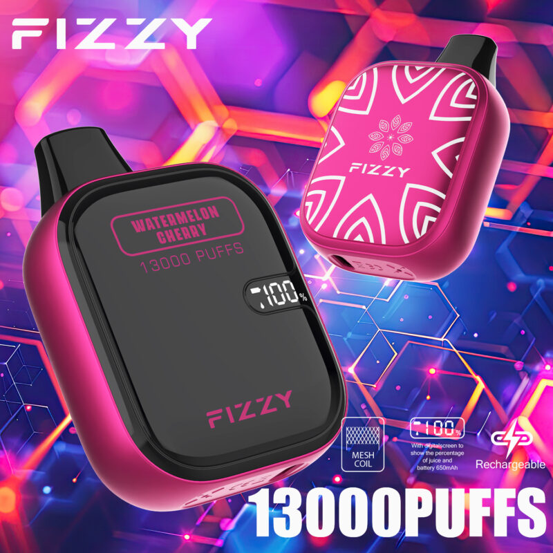 Appareil à vapotage FIZZY au goût « Pastèque Cerise », 13 000 bouffées, écran numérique affichant 100%, bobine en maille, batterie rechargeable et fond géométrique lumineux.