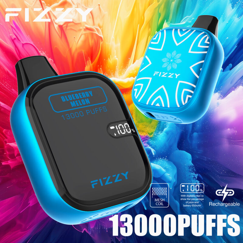 Appareil de vapotage rechargeable Fizzy 13 000 bouffées de couleur bleue, doté d'une bobine en maille, d'un écran numérique et d'une saveur de melon aux myrtilles.