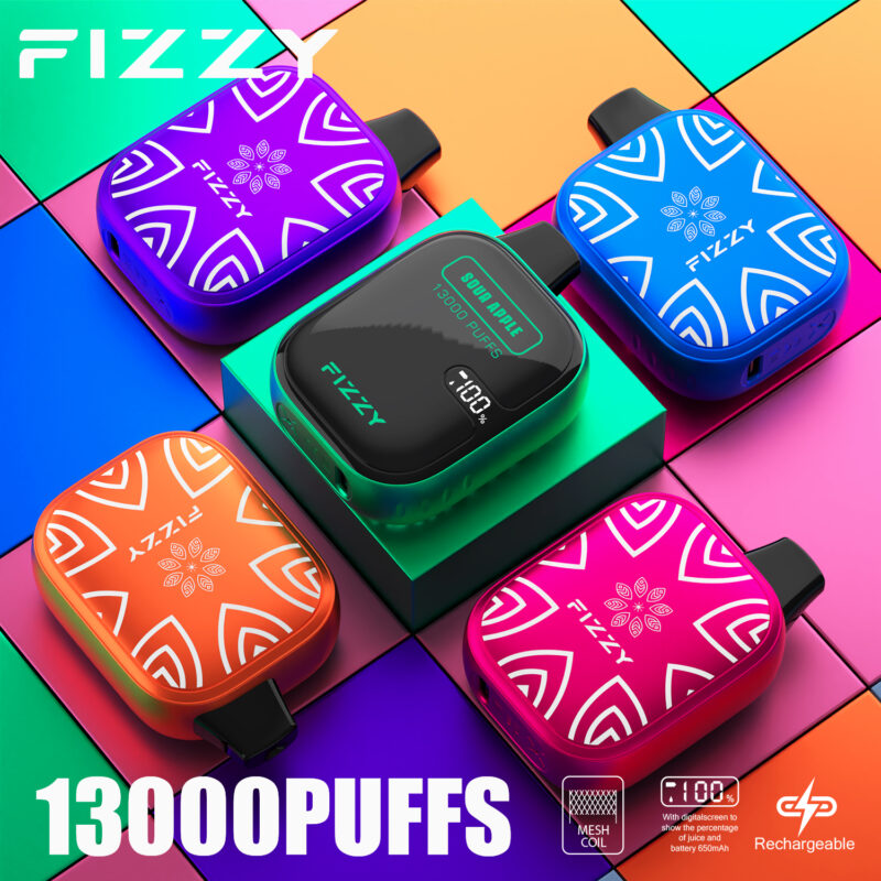 Appareils de vapotage FIZZY colorés avec 13 000 bouffées, dotés d'une batterie rechargeable et d'un écran numérique affichant les niveaux de jus et de batterie.