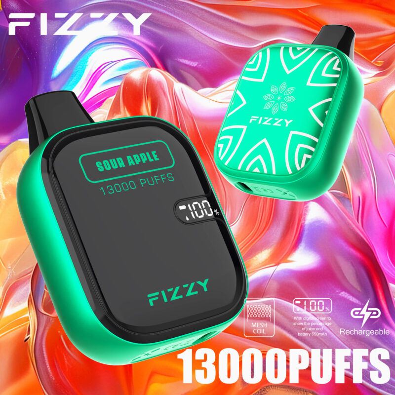 Un appareil de vapotage électronique vert et noir étiqueté « Fizzy » avec la saveur « Sour Apple » et « 13000 Puffs » affiché, comportant un indicateur de batterie 100% et une icône de bobine en maille, sur un fond vibrant et coloré.