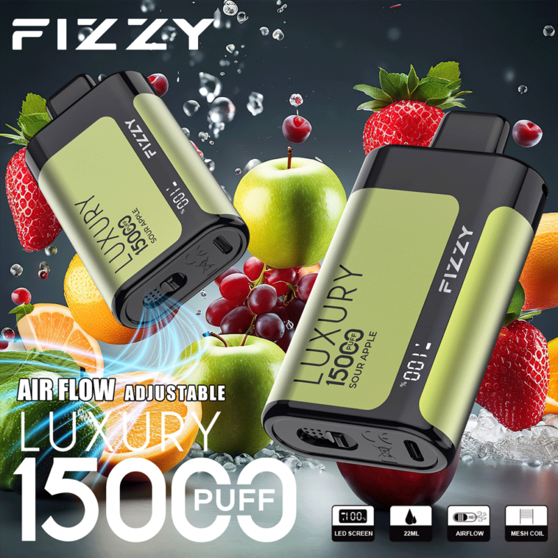 Vape-apparaat van het merk Fizzy met het label "Luxury 15000 Puff", instelbare luchtstroom, LED-scherm, capaciteit van 22 ml en zure appelsmaak, afgebeeld op een achtergrond met diverse soorten fruit.