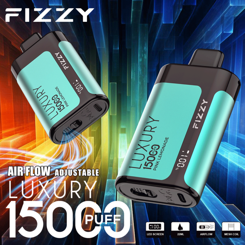 Fizzy Luxury 15000 puff wegwerp-vape met instelbare luchtstroom, roze limonade-smaak, LED-scherm, 22 ml-capaciteit, mesh-coil en USB-C-oplaadpoort.