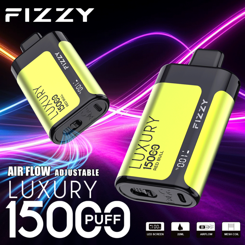 Fizzy 15000 puff wegwerp-vape met instelbare luchtstroom, LED-scherm, 22 ml capaciteit en mesh-coil in geel en zwart design.