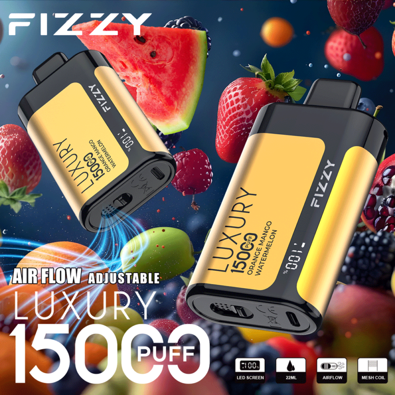 Fizzy Luxury 15000 puff vape met instelbare luchtstroom, LED-scherm, mesh-coil en smaken van sinaasappel, mango en watermeloen, omringd door fruitafbeeldingen.