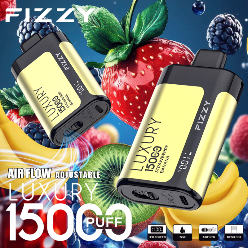 Fizzy Luxury 15000 puff wegwerp-vape met instelbare luchtstroom, LED-scherm, 22 ml capaciteit en mesh-coil, met een aardbeien-bananensmaak op een kleurrijke fruitachtergrond.