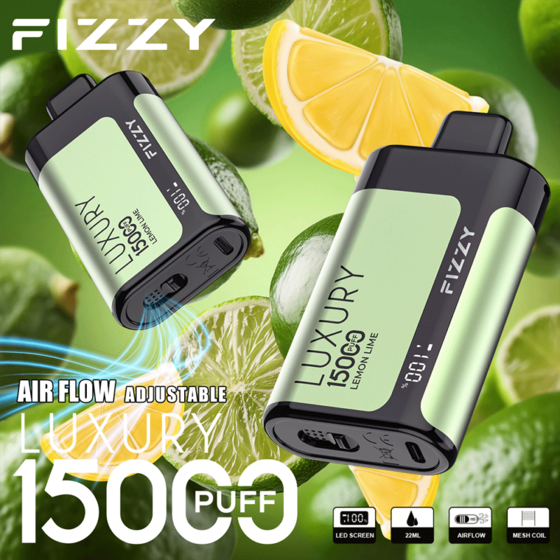 Fizzy Luxury 15000 puff wegwerp-vape met citroen-limoensmaak, instelbare luchtstroom, LED-scherm, 22 ml e-liquid capaciteit en mesh-coil.