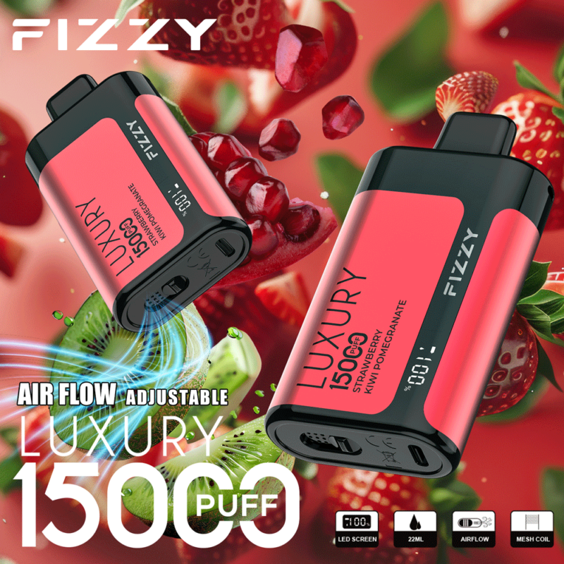 Fizzy Luxury 15000 puff wegwerp-vape-apparaat met instelbare luchtstroom, LED-scherm, 22 ml e-liquid-capaciteit en mesh-coil, met een aardbei-kiwi-granaatappelsmaak.
