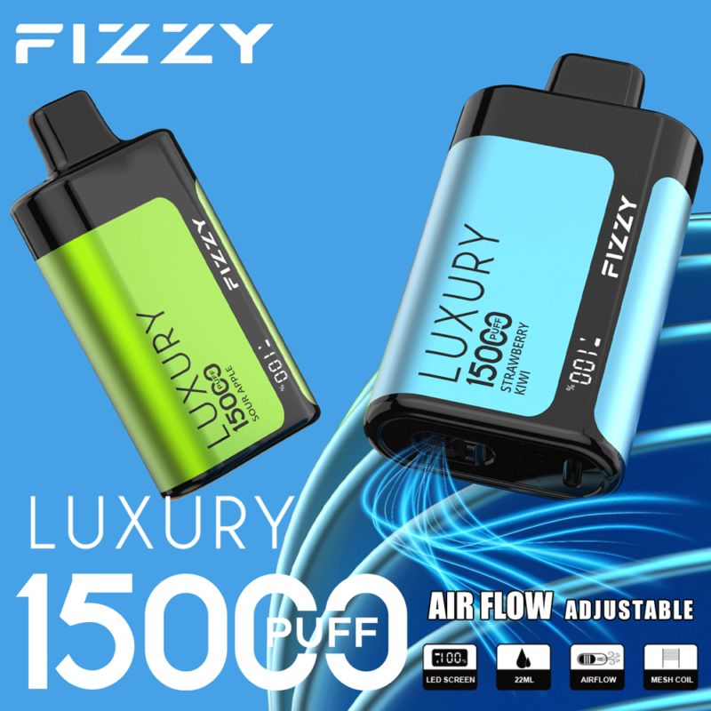 FIZZY Luxe wegwerp-vape met 15.000 pufjes, instelbare luchtstroom, LED-scherm en verkrijgbaar in smaken als Sour Apple en Strawberry Kiwi.