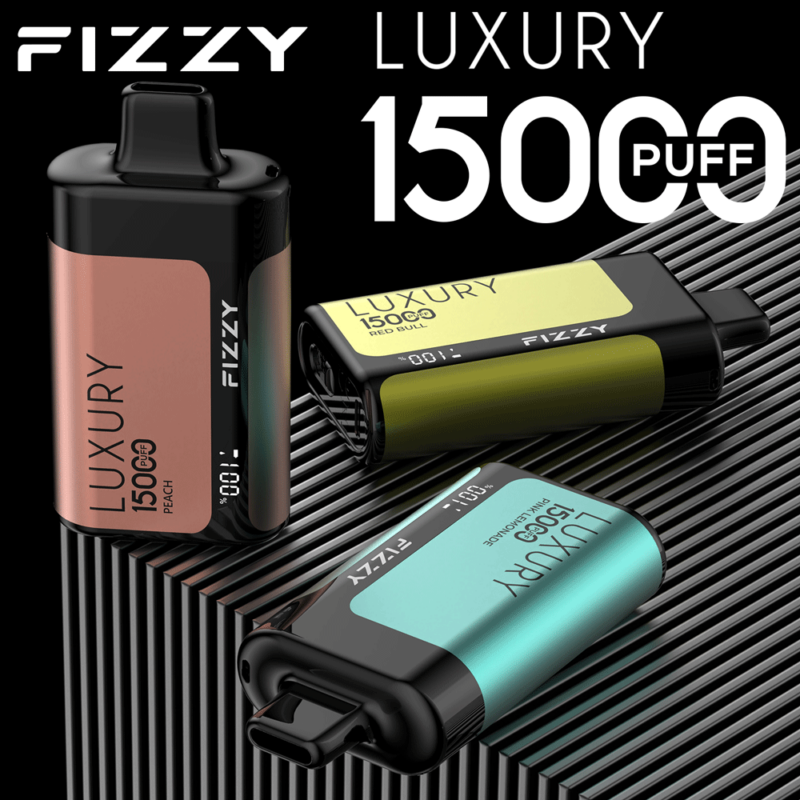 Fizzy Luxury 15000 Puff wegwerp-vape-apparaten in verschillende kleuren en smaken, waaronder Peach, Red Bull en Pineapple Ice.