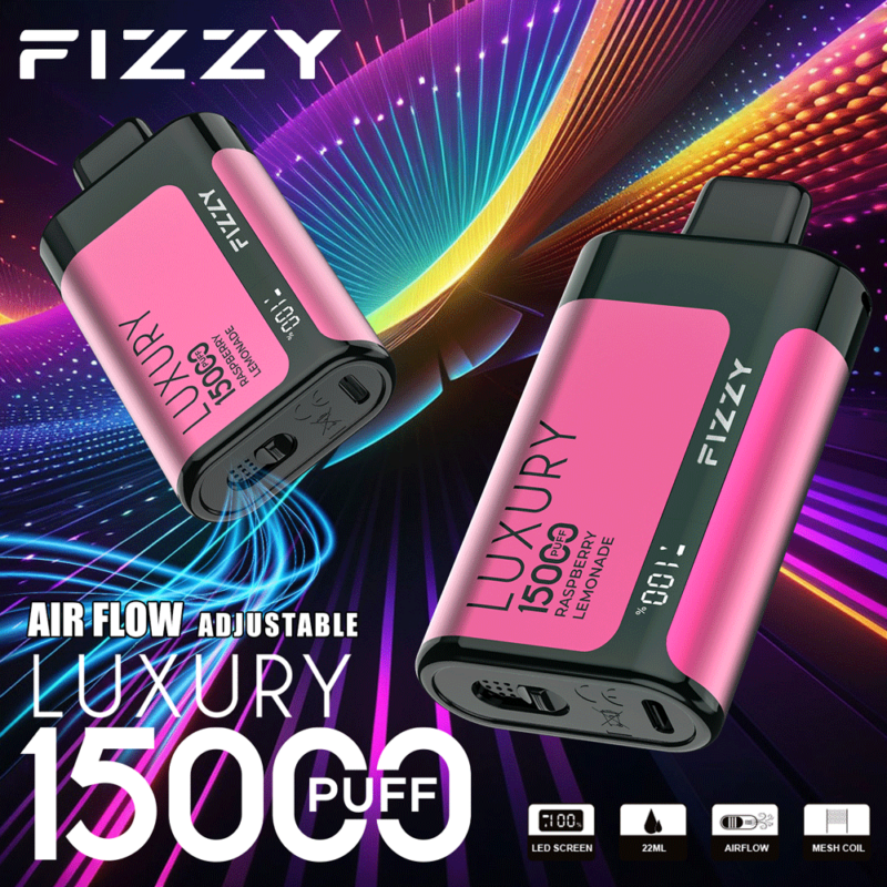 Een roze en zwarte FIZZY luxe vape-apparaat met 15.000 trekjes, instelbare luchtstroom, frambozenlimonadesmaak, LED-scherm en mesh-coil op een levendige abstracte achtergrond.