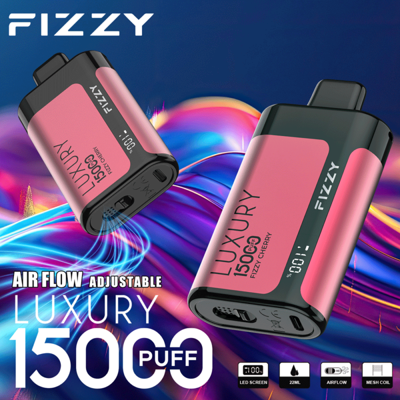 Een luxe vape-apparaat van het merk Fizzy in roze en zwart met instelbare luchtstroom, 15.000 trekjes, LED-scherm, 22 ml capaciteit, mesh-coil en Fizzy Cherry-smaak.