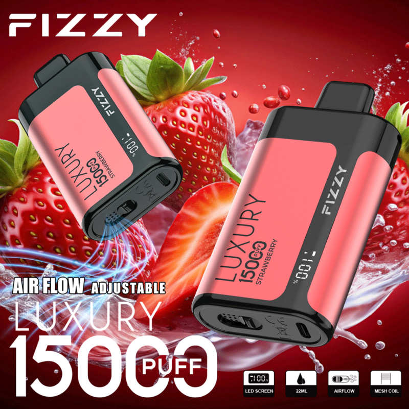 Fizzy Luxury 15000 puff wegwerp-vape met instelbare luchtstroom in aardbeiensmaak, met LED-scherm en mesh-coil.