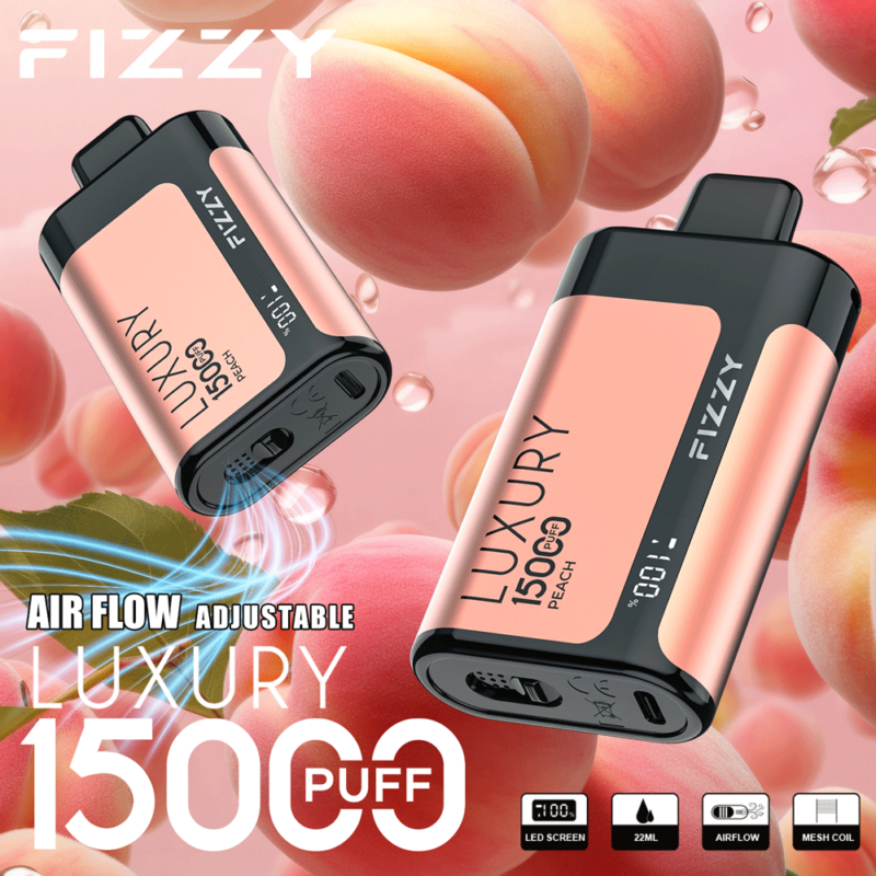 Een wegwerp-vape van het merk Fizzy met 15.000 trekjes, perziksmaak, instelbare luchtstroom, LED-scherm en mesh-coilontwerp, afgebeeld tegen een perzikachtergrond.